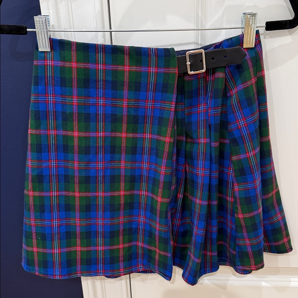 Old Navy Blue, Green & Red Plaid Skater Wrap Skirt with Buckle